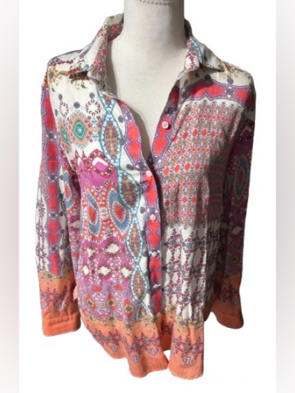 100% Cotton PaperWhite Shirt 8 Medium Paisley Button Cottage Designer Boho Top
